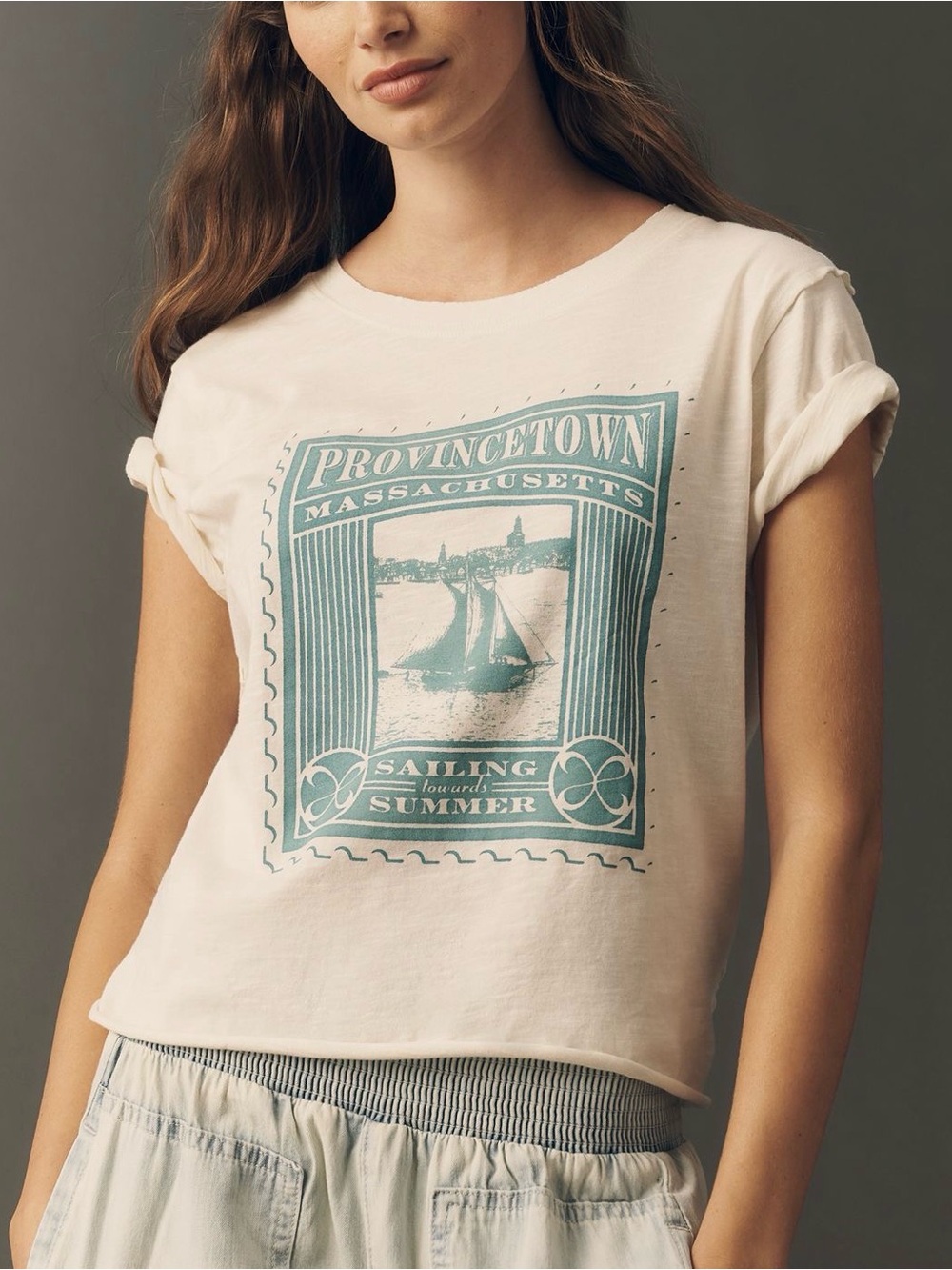 Maeve Graphic Crewneck Tee with Teal Sailing Print